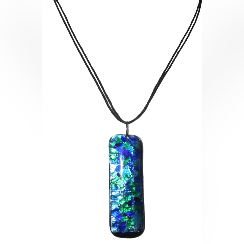 Beautiful Blue Green Artisan Fused/Dichroic Glass Pendant Necklace Contemporary